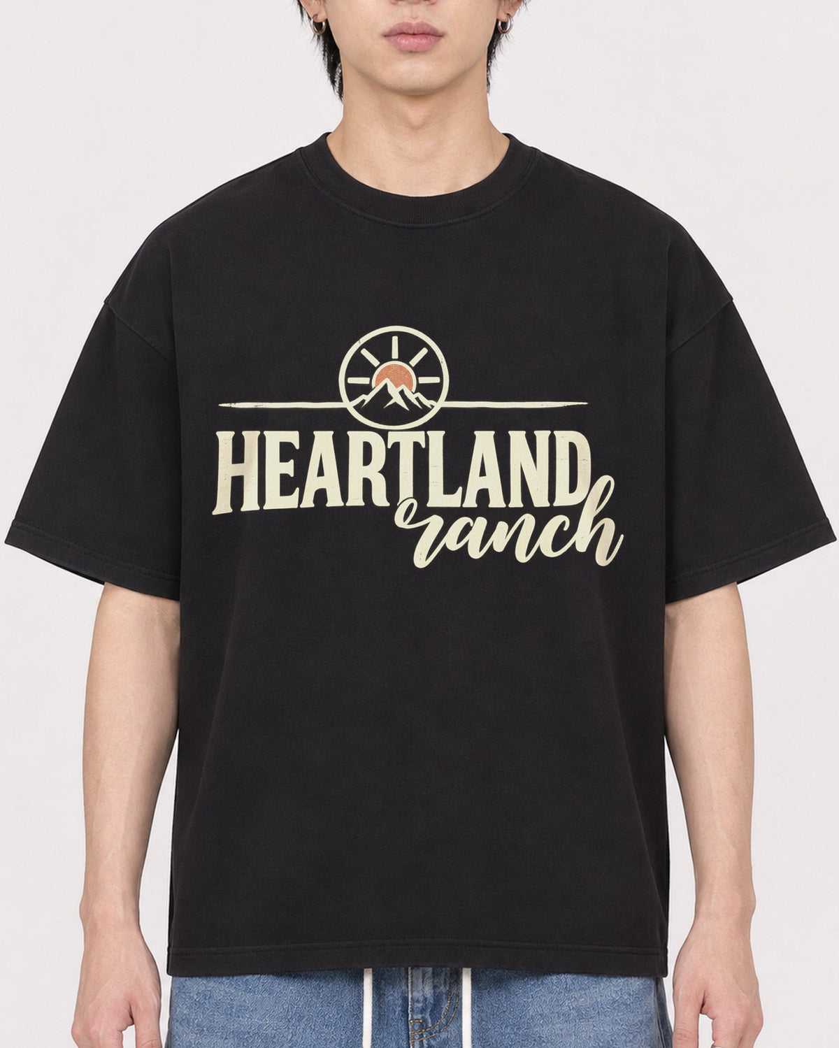 Mockup Boxy Heavyweight Tee Black male close-up 11