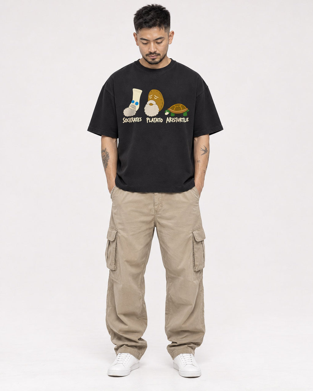Mockup Boxy Heavyweight Tee Black male full-body 12