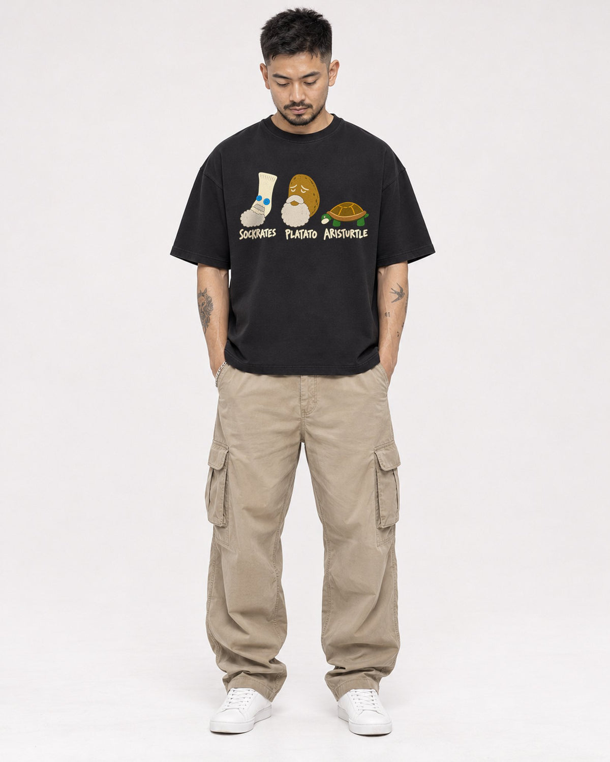 Mockup Boxy Heavyweight Tee Black male full-body 12