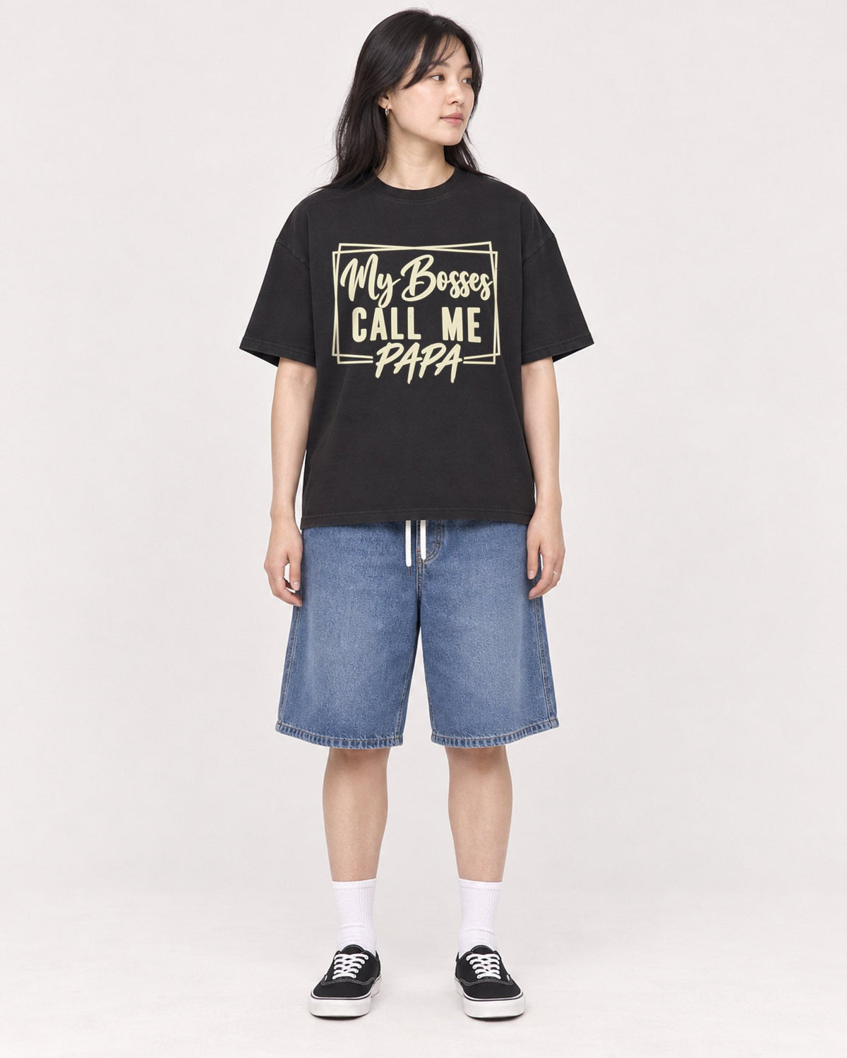 Mockup Boxy Heavyweight Tee Black female full-body 13