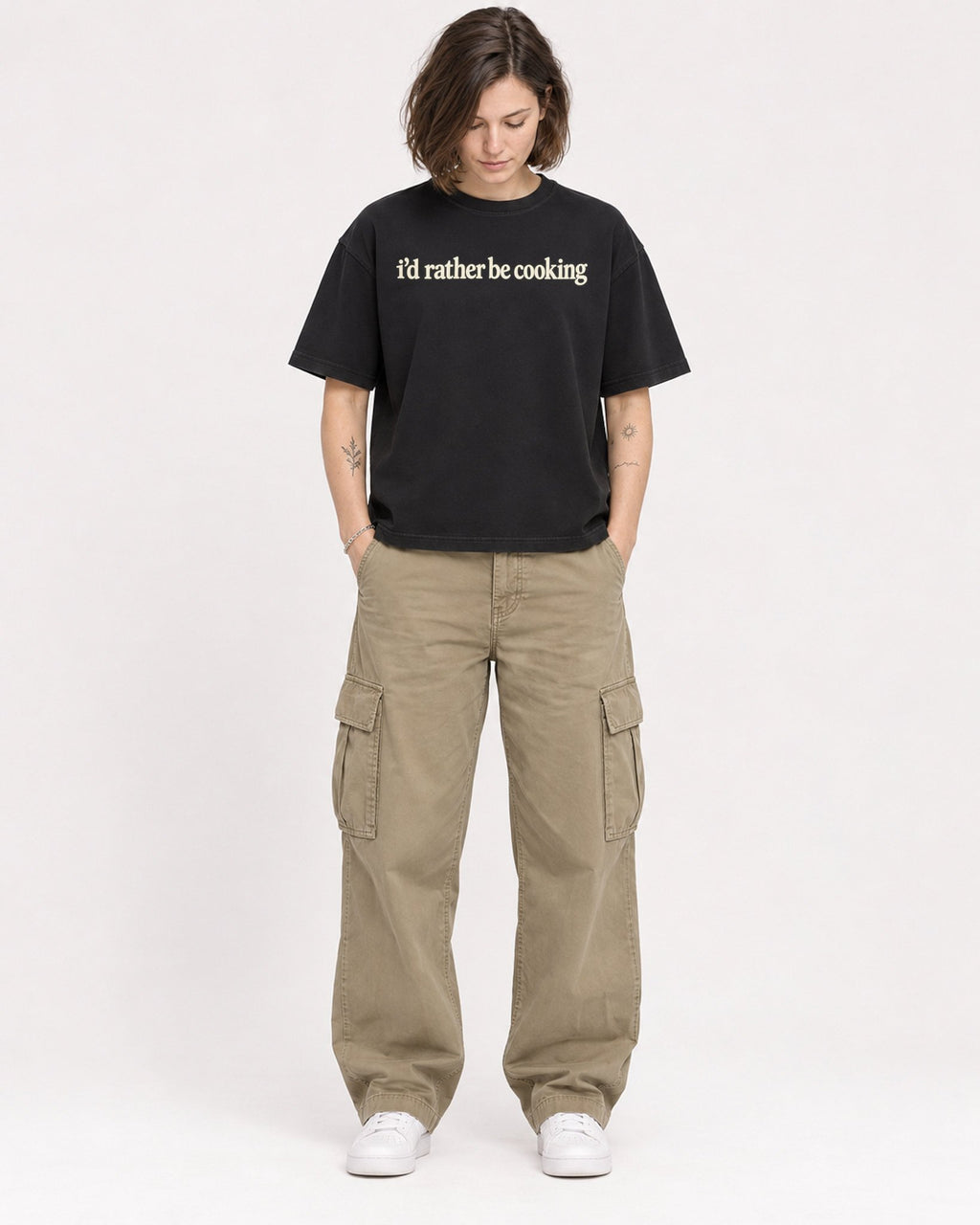 Mockup Boxy Heavyweight Tee Black female full-body 18