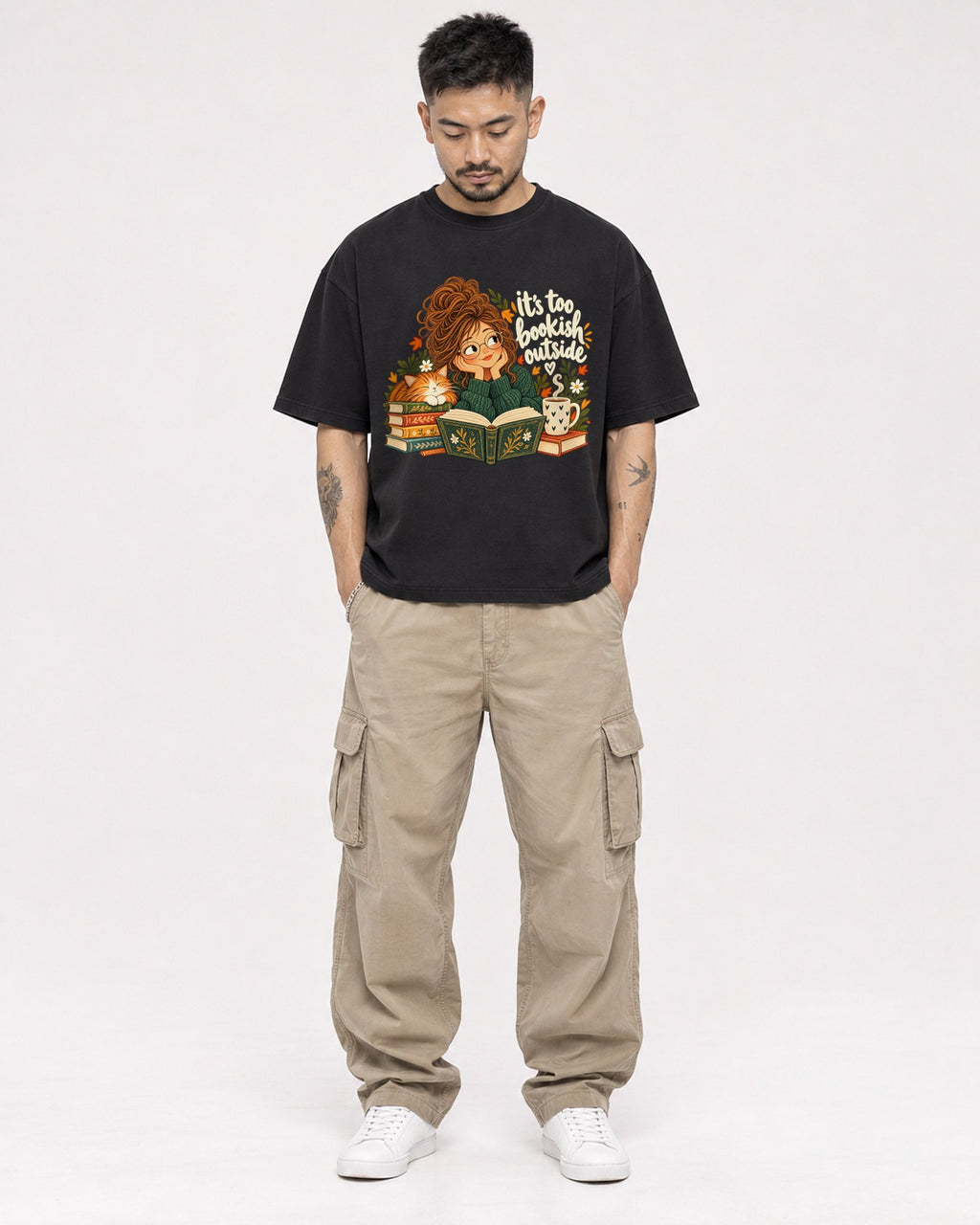 Mockup Boxy Heavyweight Tee Black male full-body 12