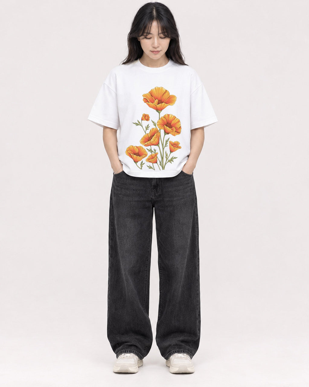 Mockup Boxy Heavyweight Tee White female full-body 13