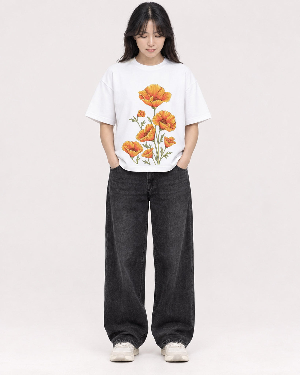 Mockup Boxy Heavyweight Tee White female full-body 13