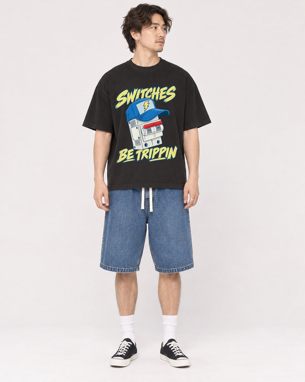 Mockup Boxy Heavyweight Tee Black male full-body 03