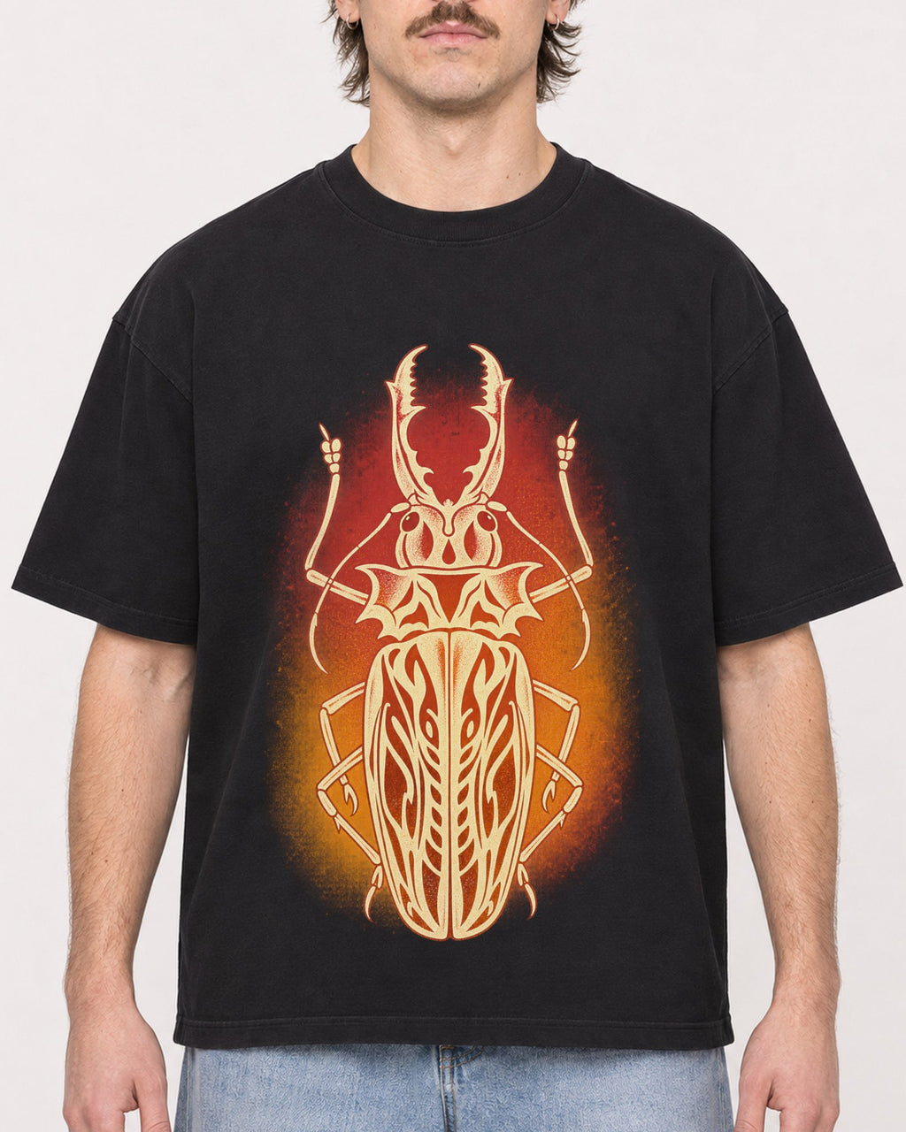Mockup Boxy Heavyweight Tee Black male close-up 29