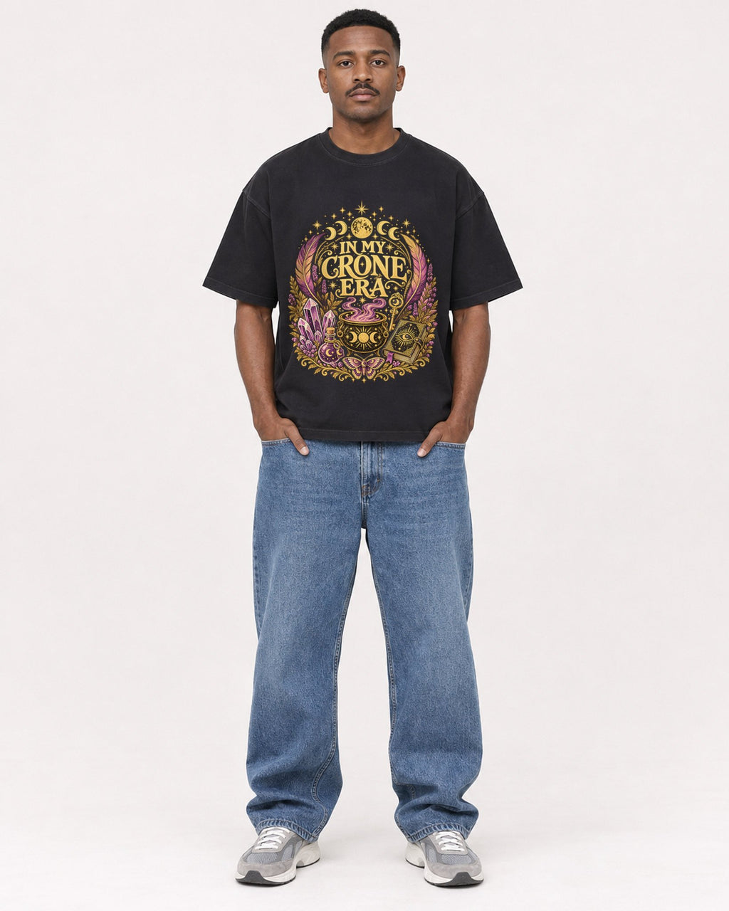 Mockup Boxy Heavyweight Tee Black male full-body 14