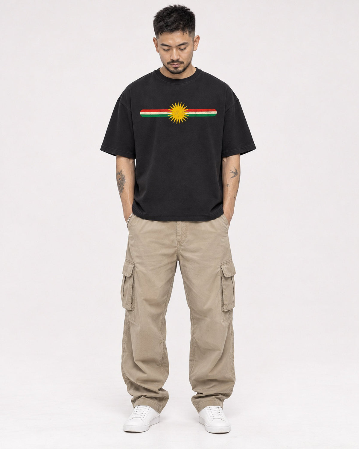 Mockup Boxy Heavyweight Tee Black male full-body 12