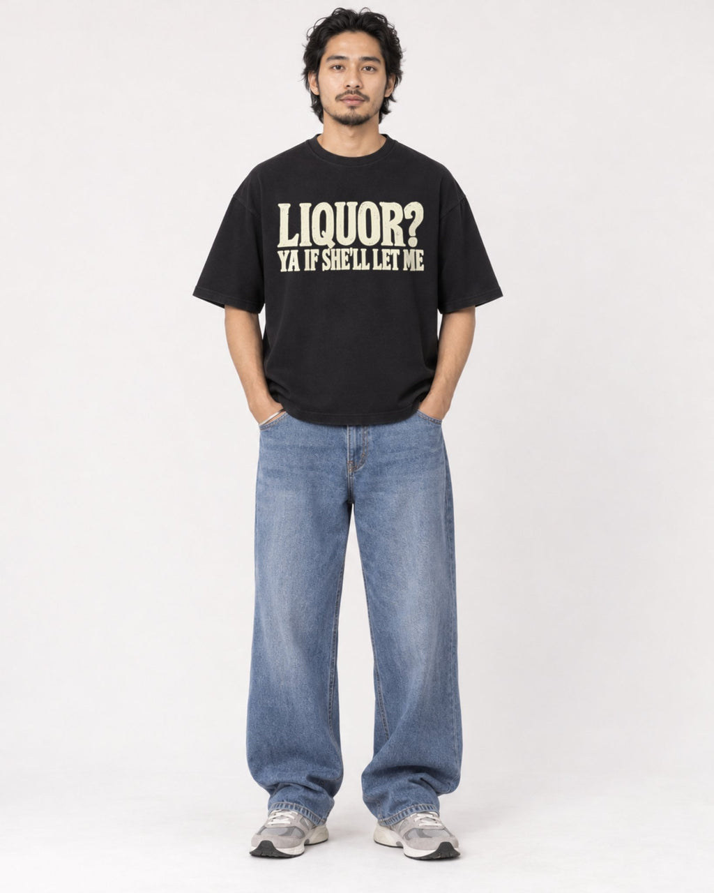 Mockup Boxy Heavyweight Tee Black male full-body 22