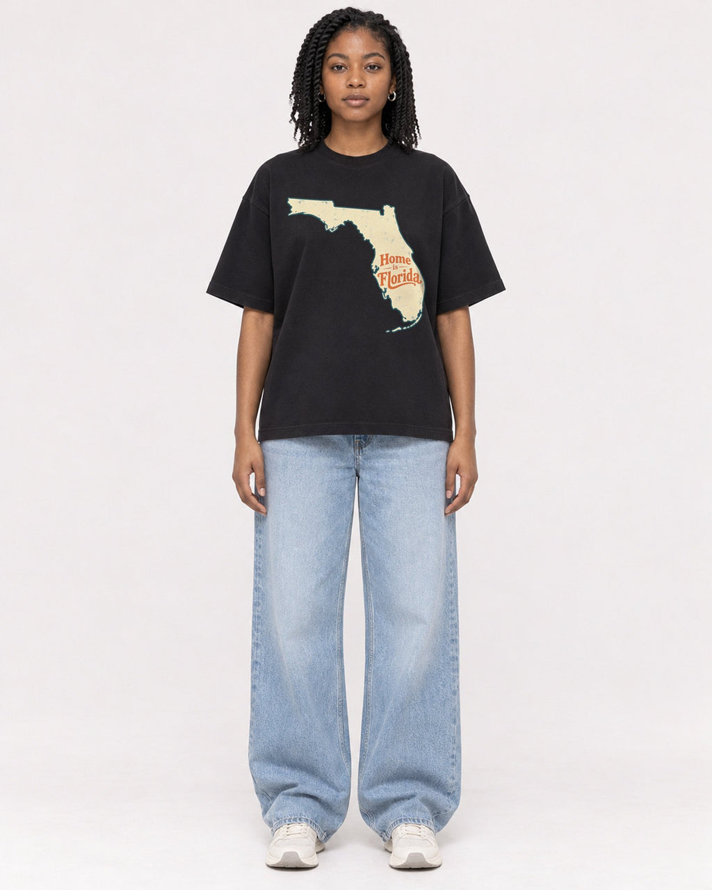 Mockup Boxy Heavyweight Tee Black female full-body 15