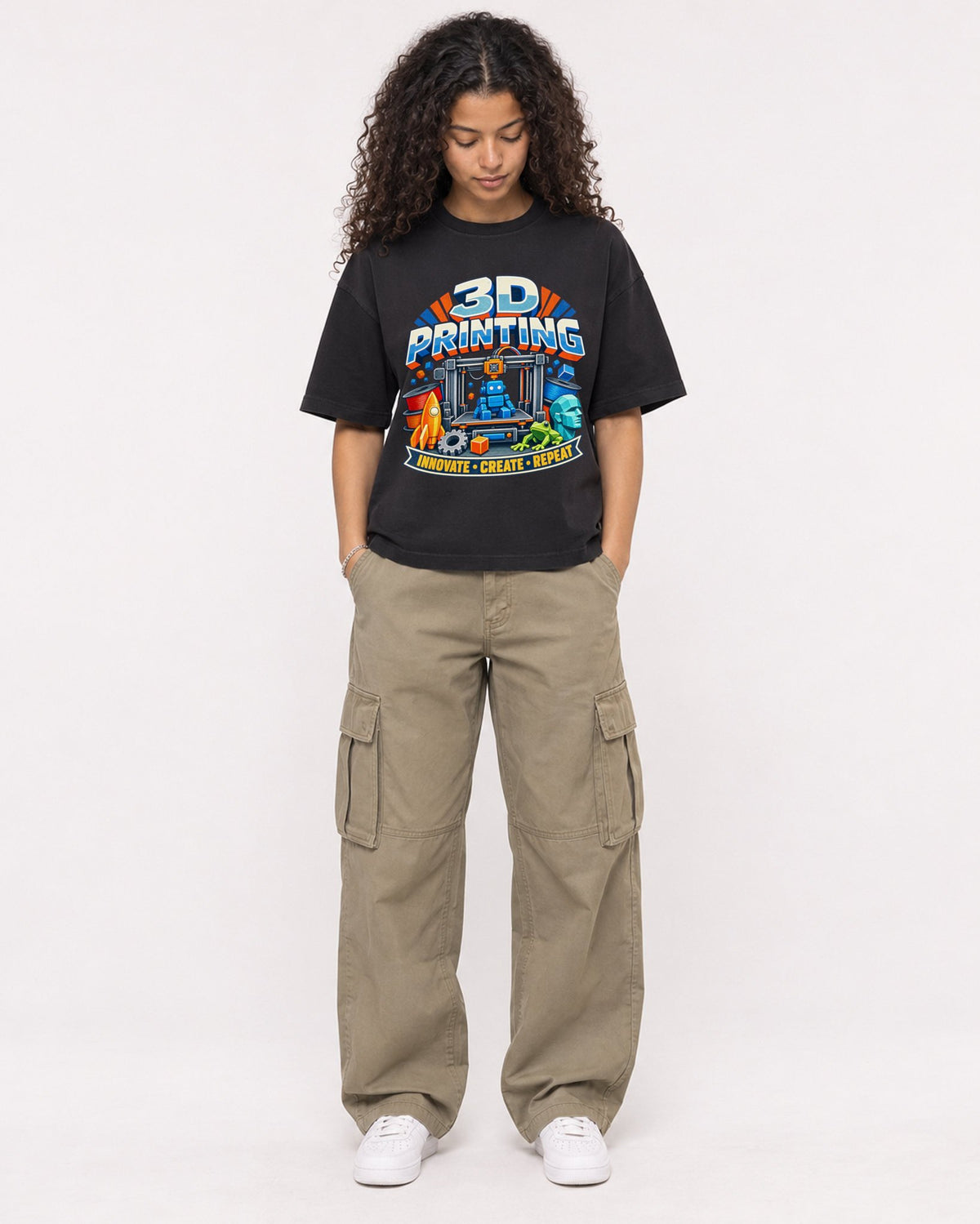 Mockup Boxy Heavyweight Tee Black female full-body 10