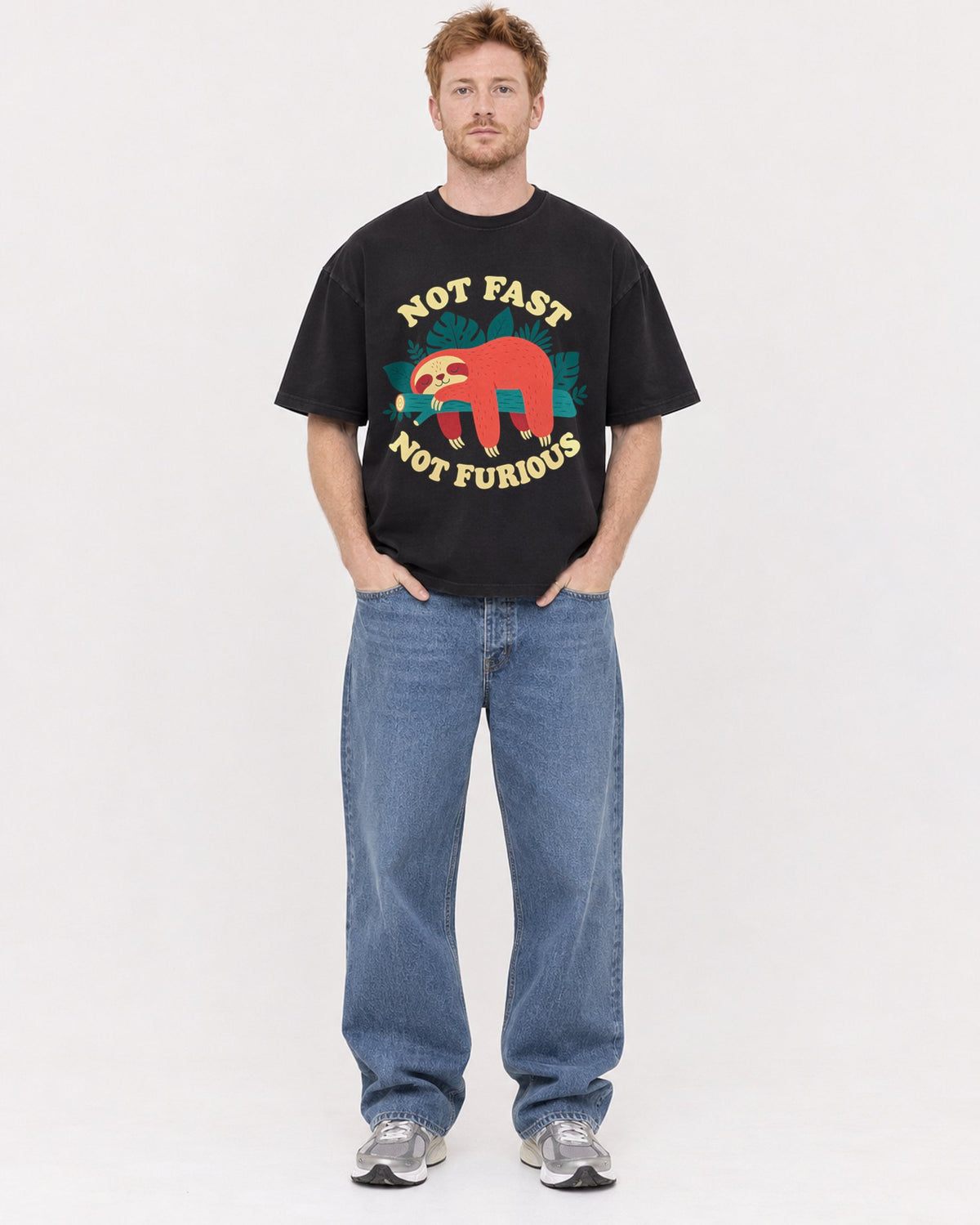 Mockup Boxy Heavyweight Tee Black male full-body 38