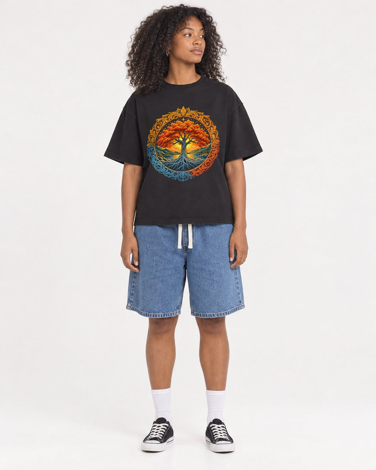 Mockup Boxy Heavyweight Tee Black female full-body 05
