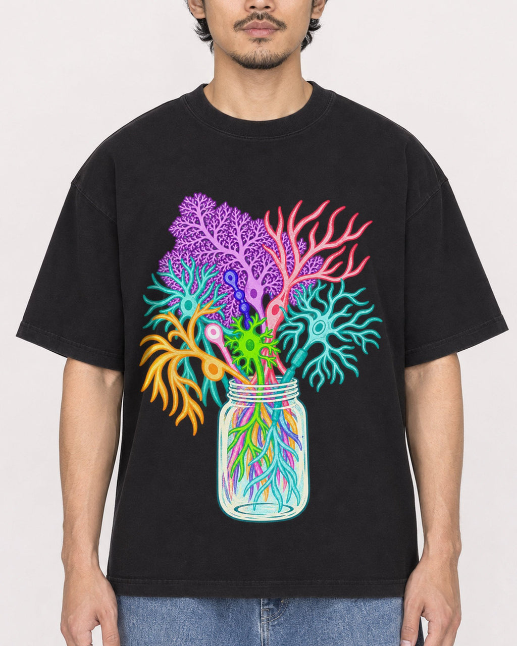 Mockup Boxy Heavyweight Tee Black male close-up 02