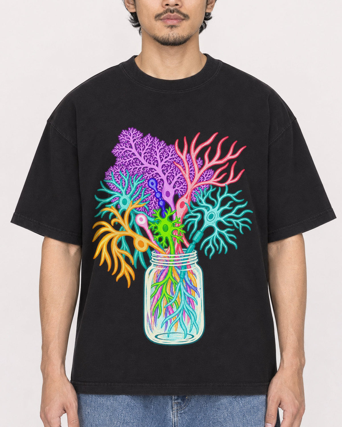 Mockup Boxy Heavyweight Tee Black male close-up 02