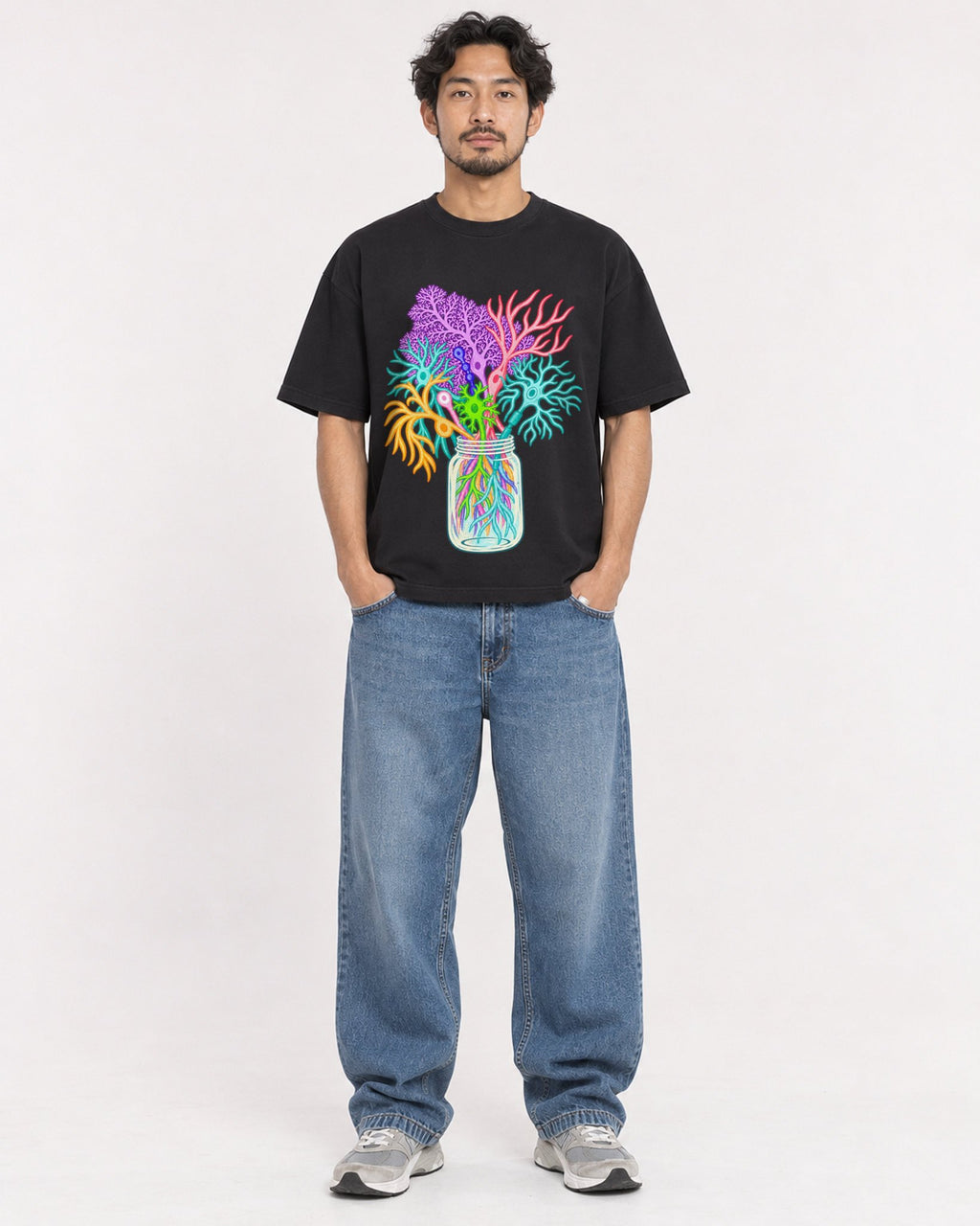Mockup Boxy Heavyweight Tee Black male full-body 02