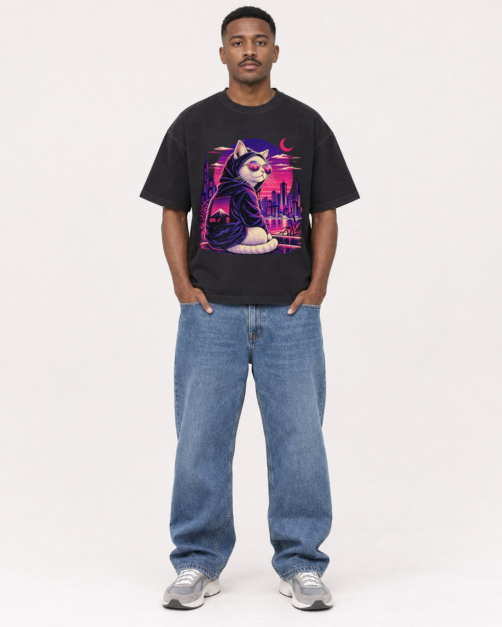 Mockup Boxy Heavyweight Tee Black male full-body 14