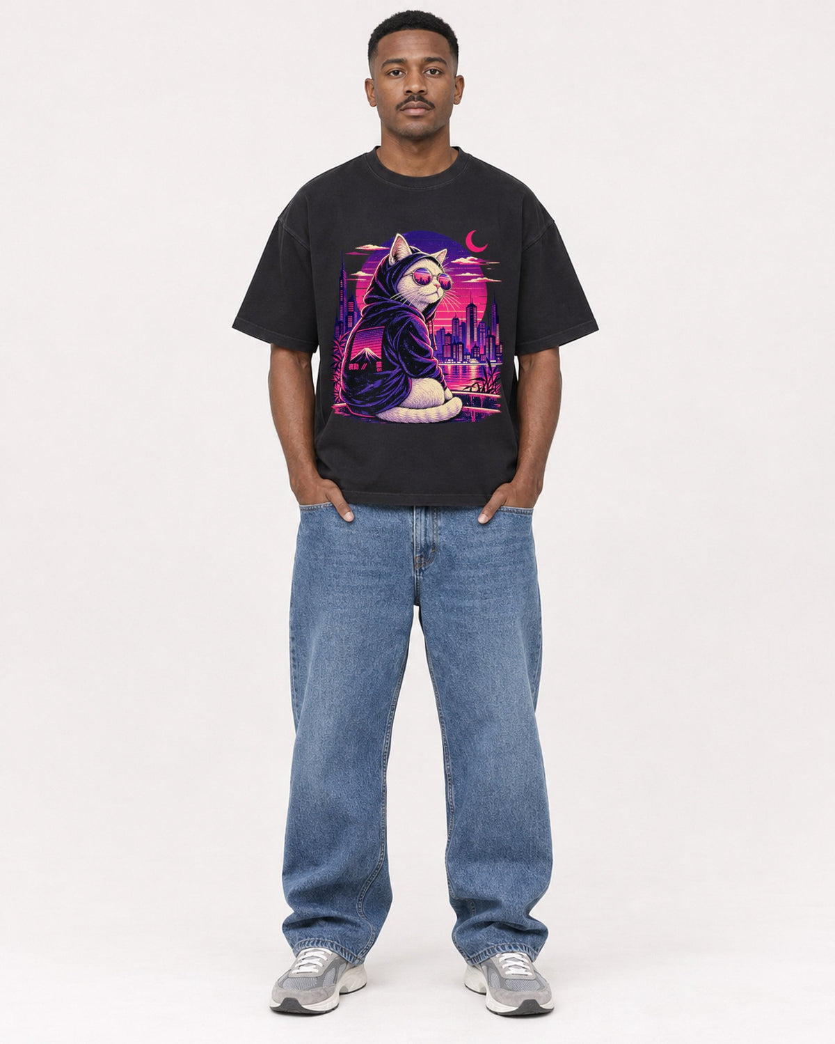 Mockup Boxy Heavyweight Tee Black male full-body 14