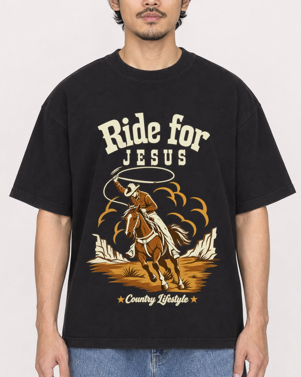 Mockup Boxy Heavyweight Tee Black male close-up 02