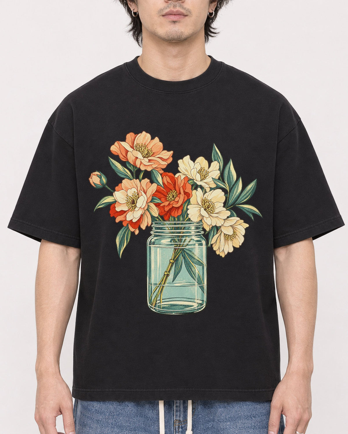 Mockup Boxy Heavyweight Tee Black male close-up 03