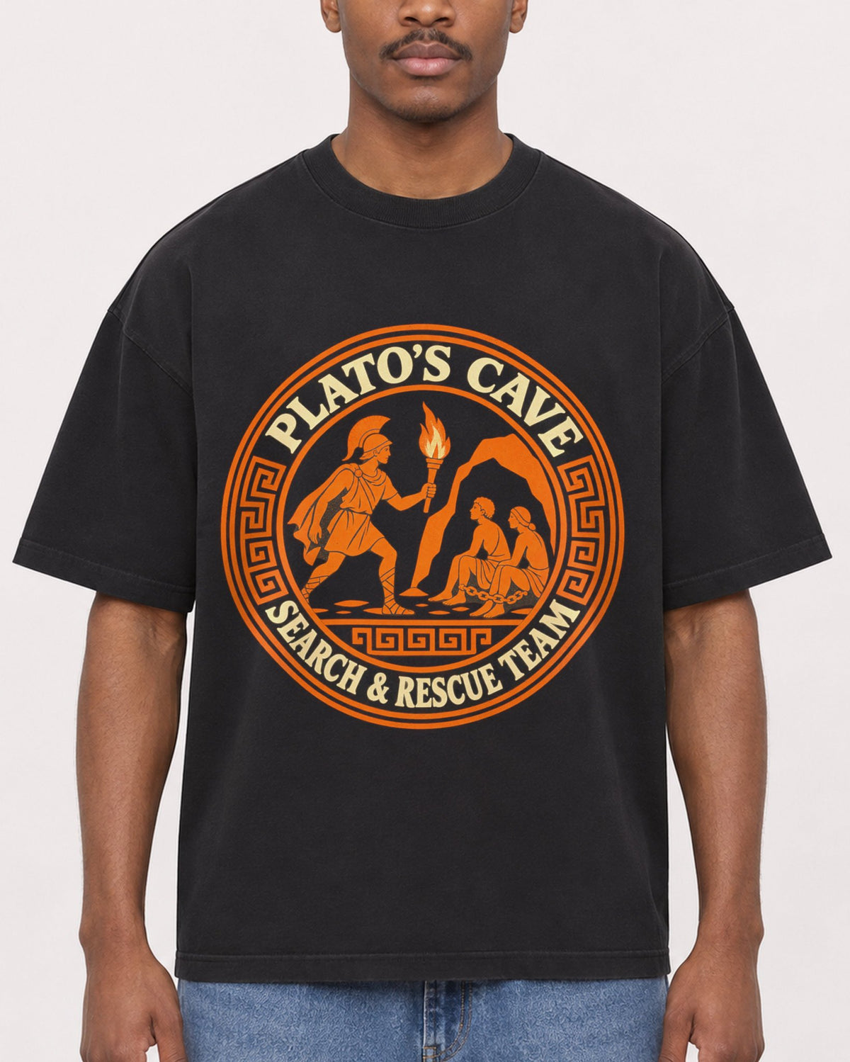 Mockup Boxy Heavyweight Tee Black male close-up 14