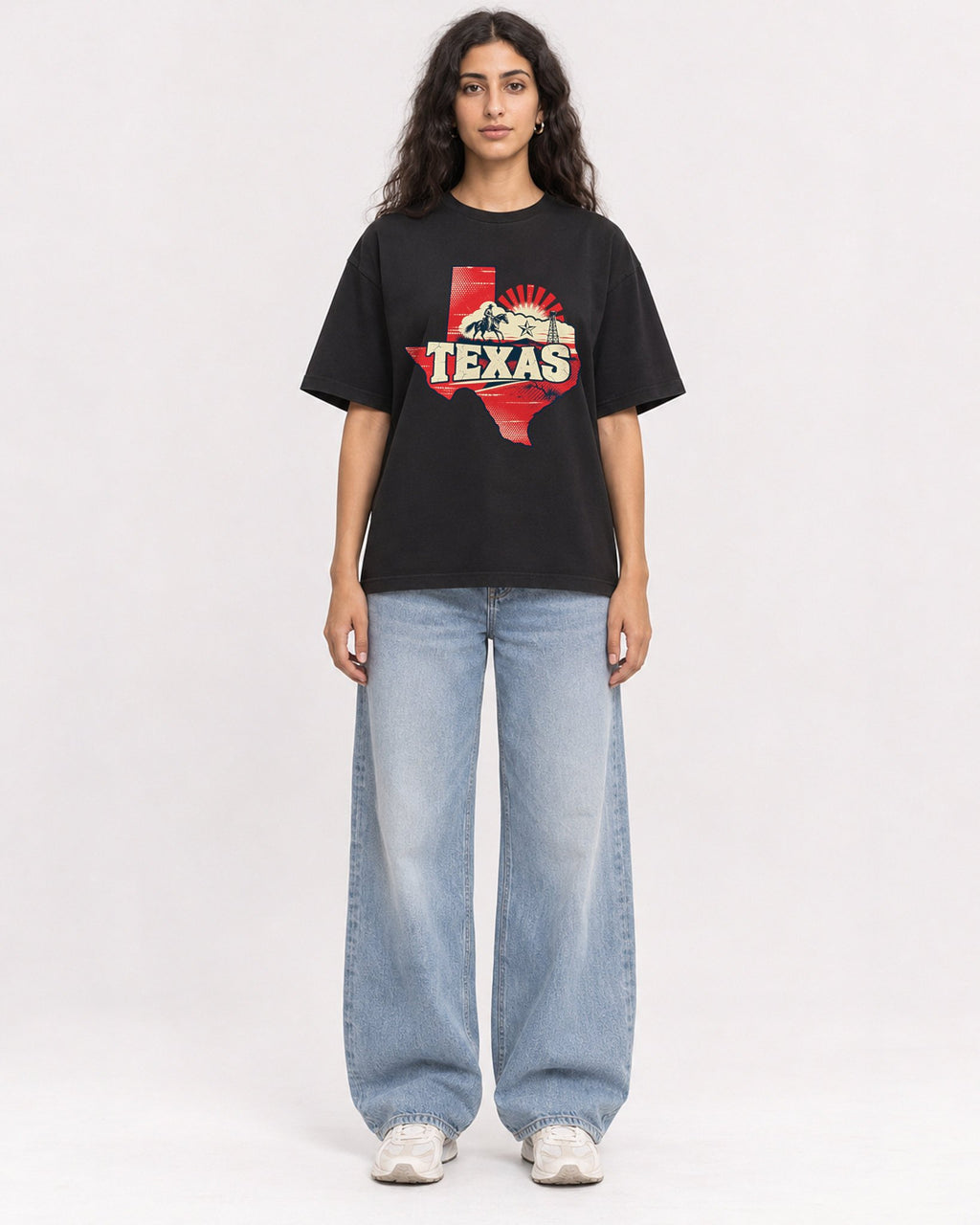 Mockup Boxy Heavyweight Tee Black female full-body 07