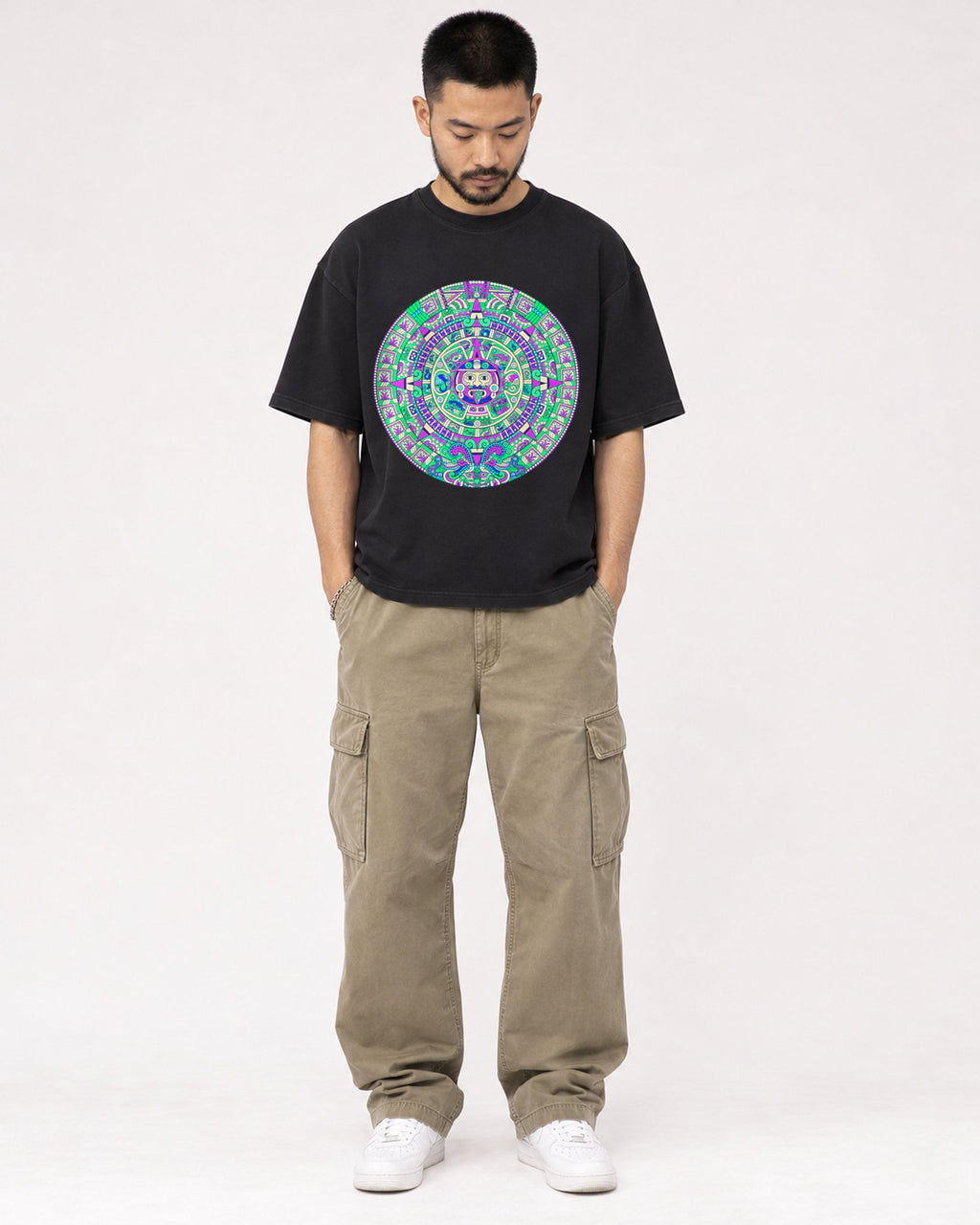 Mockup Boxy Heavyweight Tee Black male full-body 32