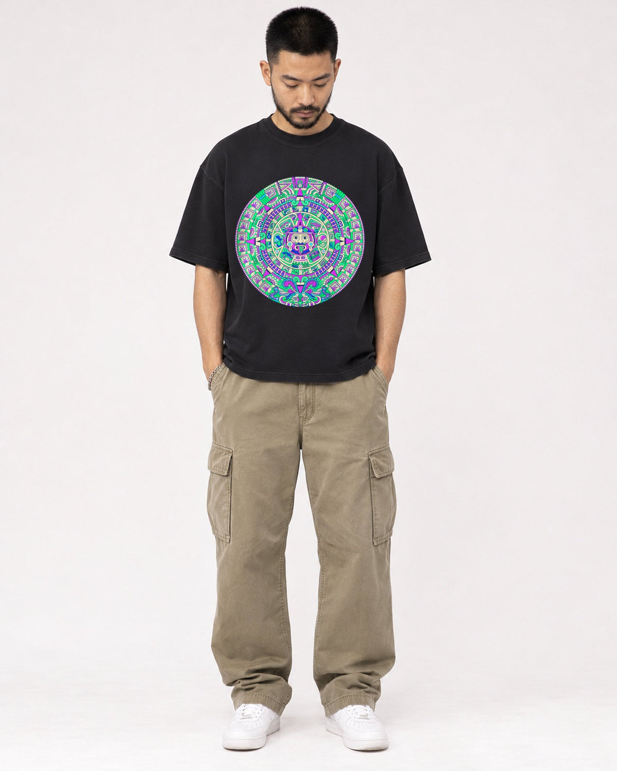 Mockup Boxy Heavyweight Tee Black male full-body 32