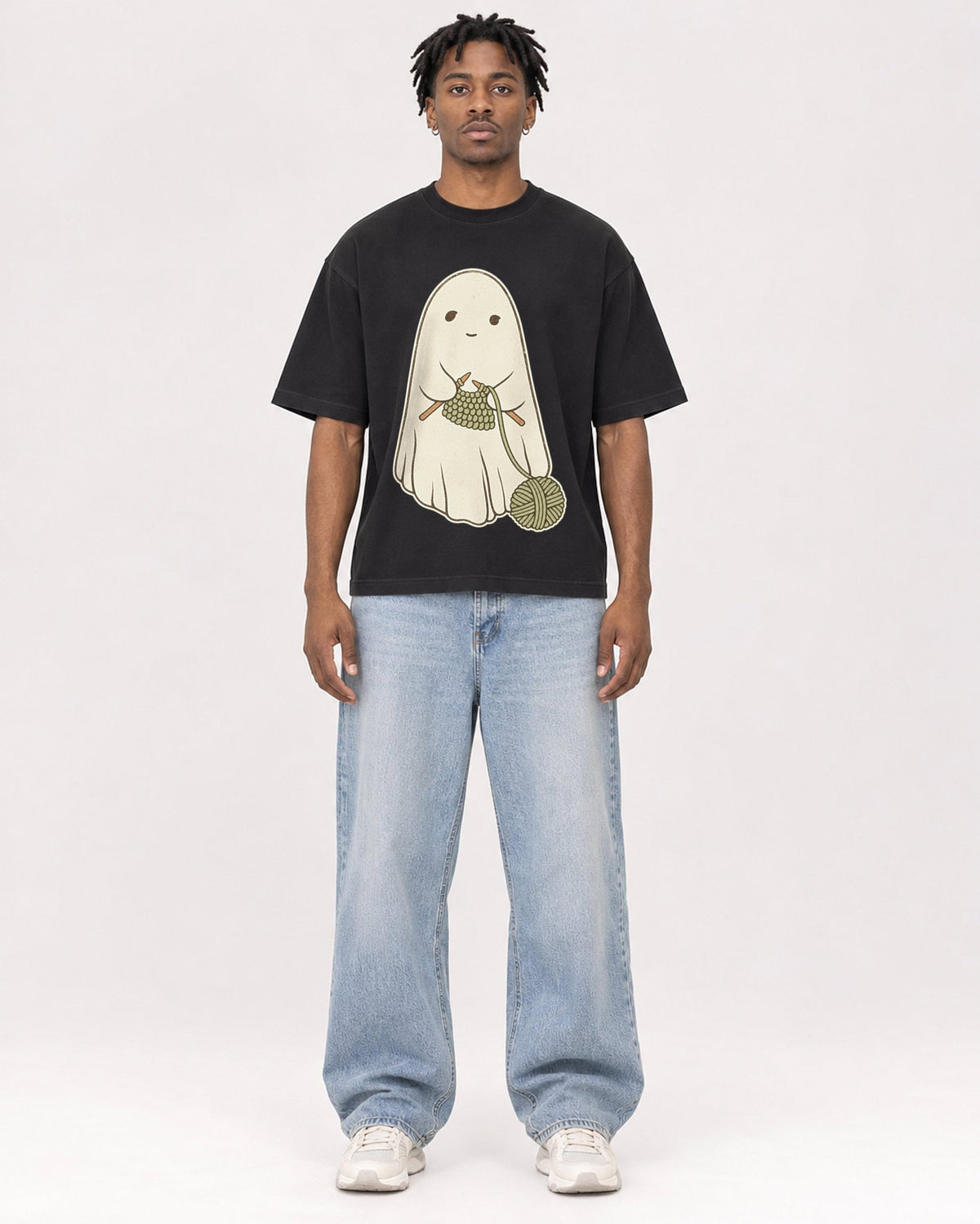 Mockup Boxy Heavyweight Tee Black male full-body 05