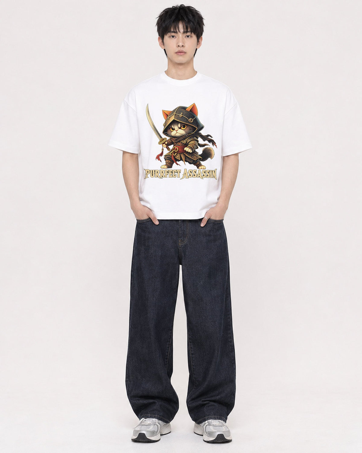 Mockup Boxy Heavyweight Tee White male full-body 01