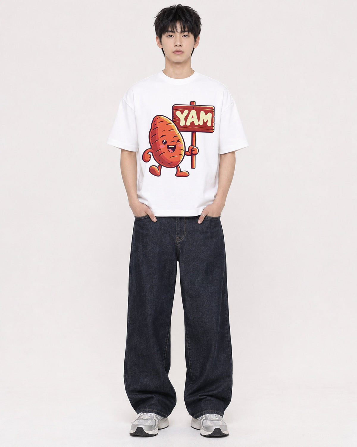 Mockup Boxy Heavyweight Tee White male full-body 01