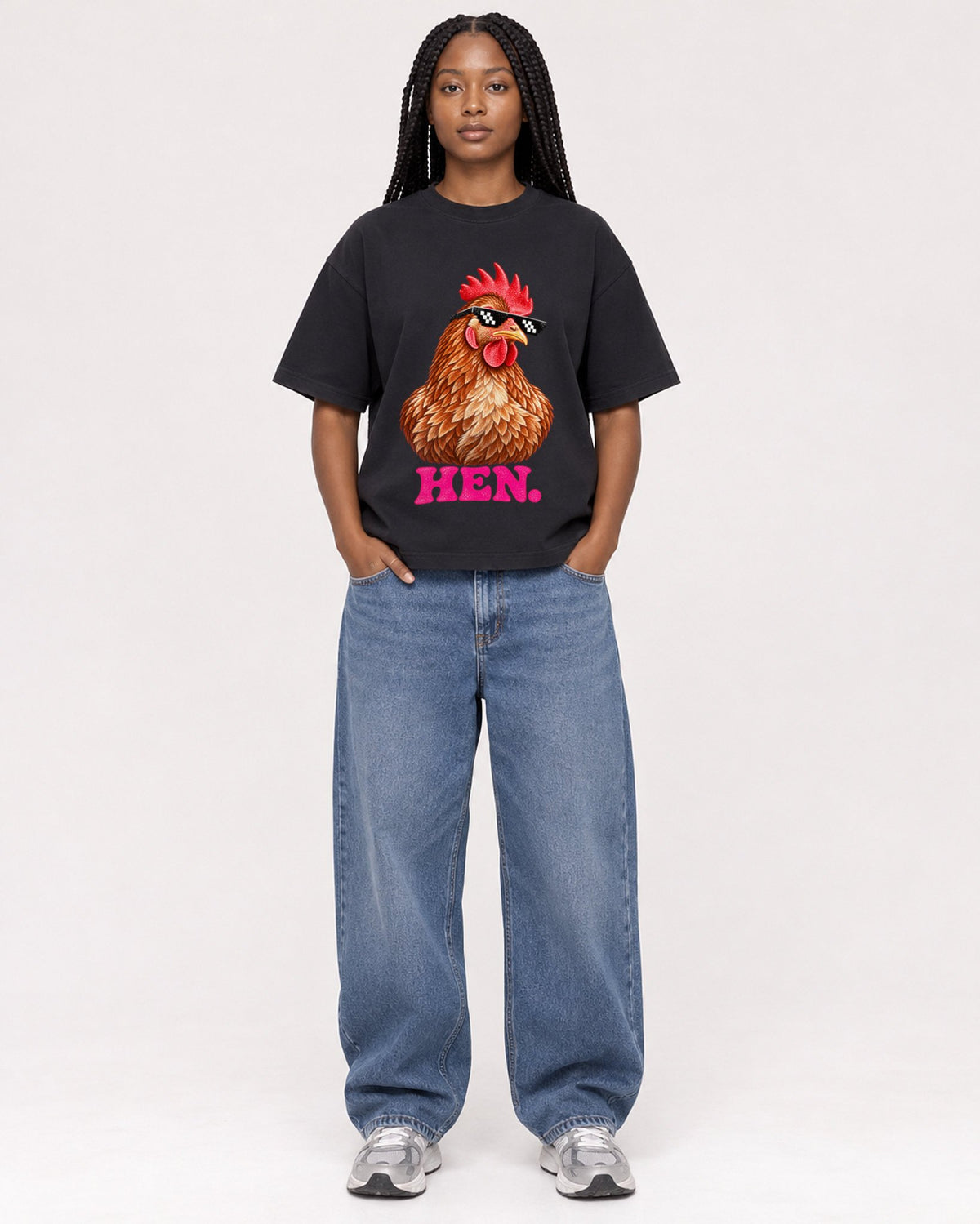 Mockup Boxy Heavyweight Tee Black female full-body 04