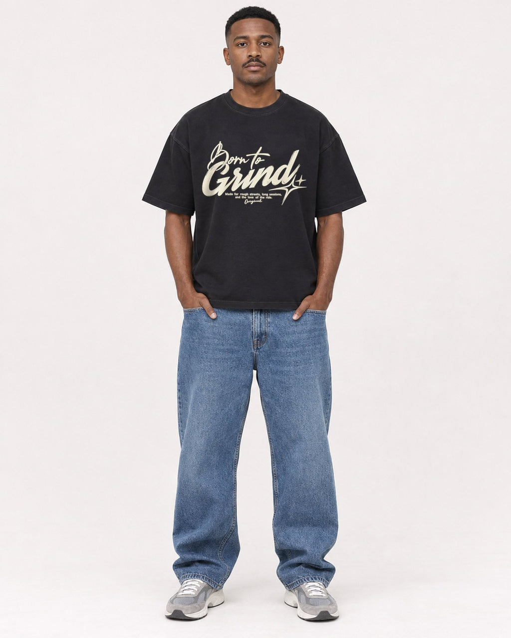 Mockup Boxy Heavyweight Tee Black male full-body 14