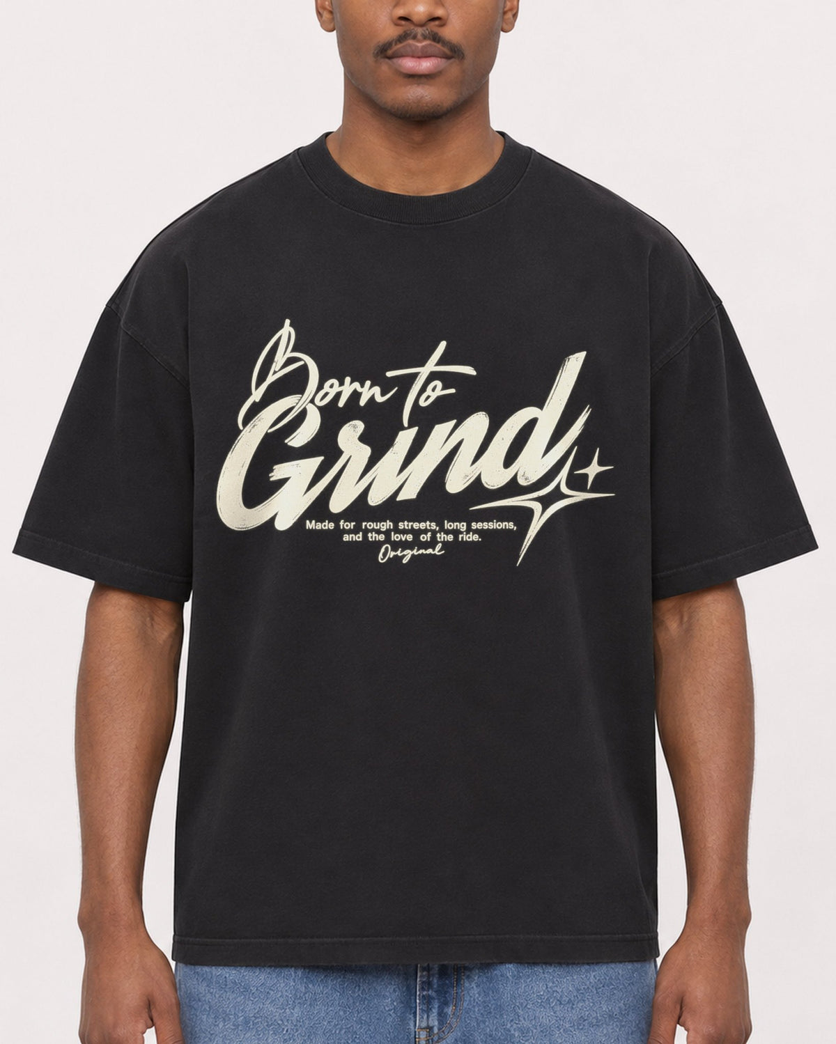 Mockup Boxy Heavyweight Tee Black male close-up 14