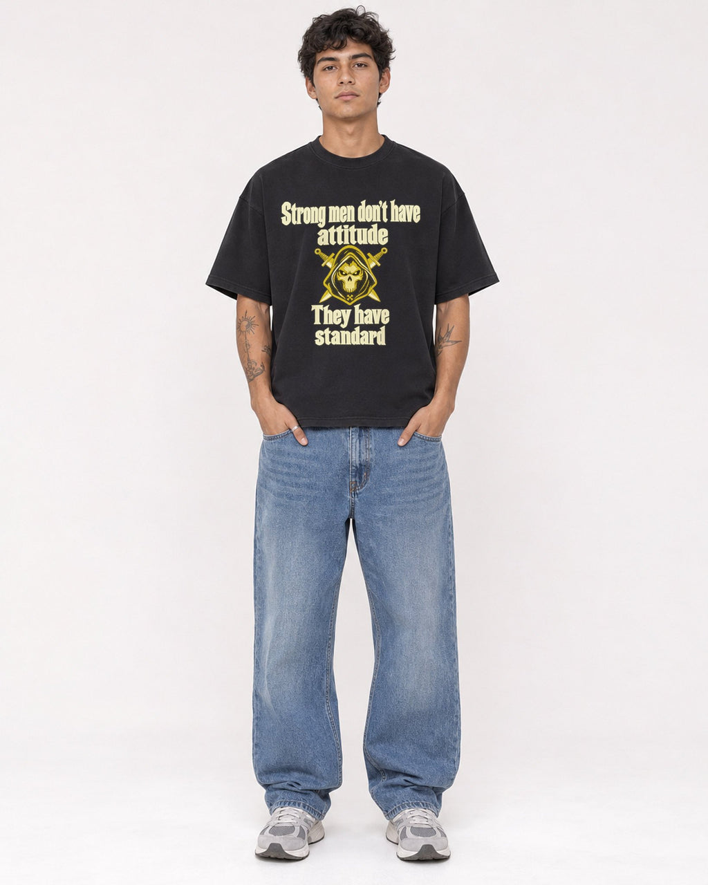 Mockup Boxy Heavyweight Tee Black male full-body 06