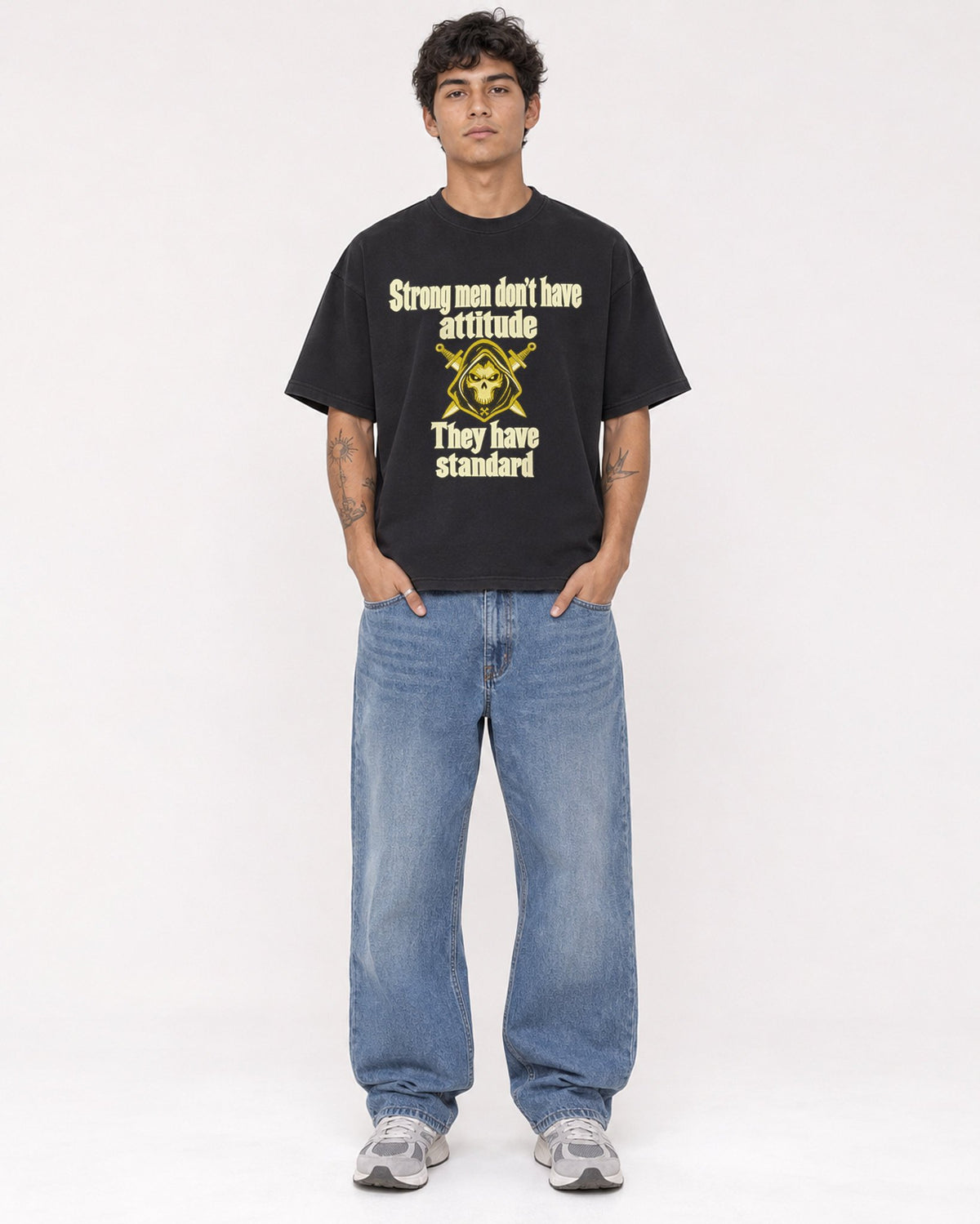 Mockup Boxy Heavyweight Tee Black male full-body 06