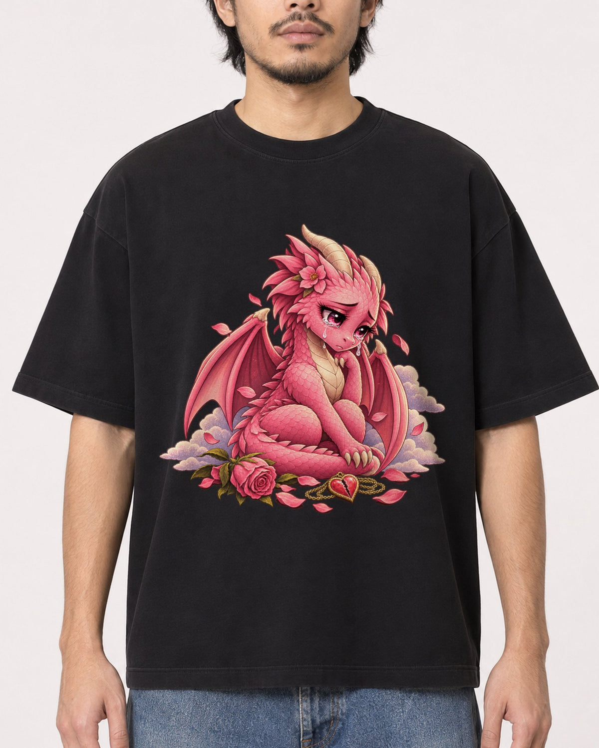 Mockup Boxy Heavyweight Tee Black male close-up 22