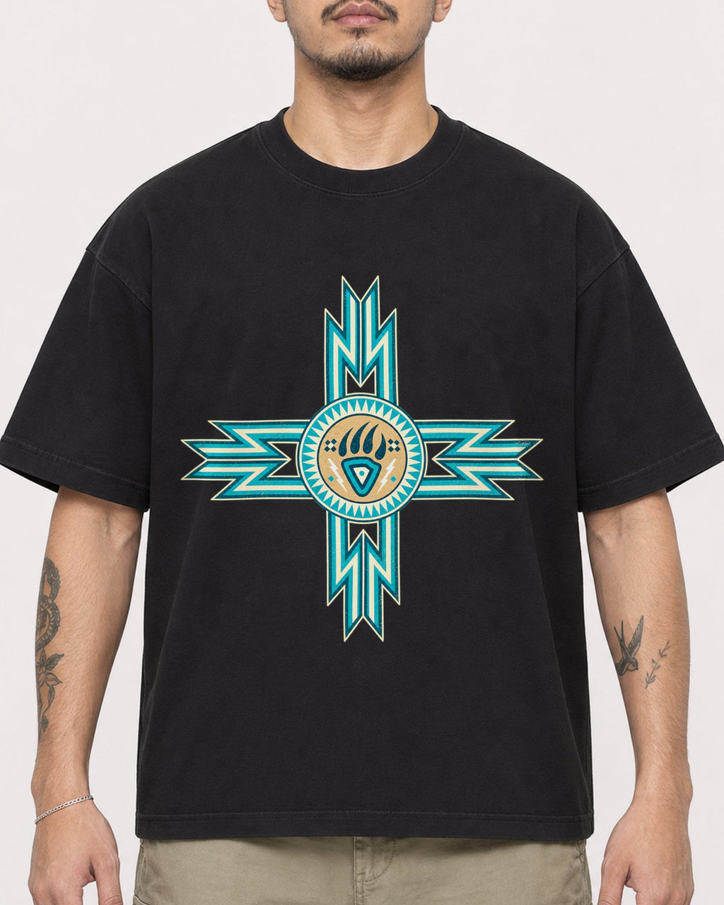 Mockup Boxy Heavyweight Tee Black male close-up 12