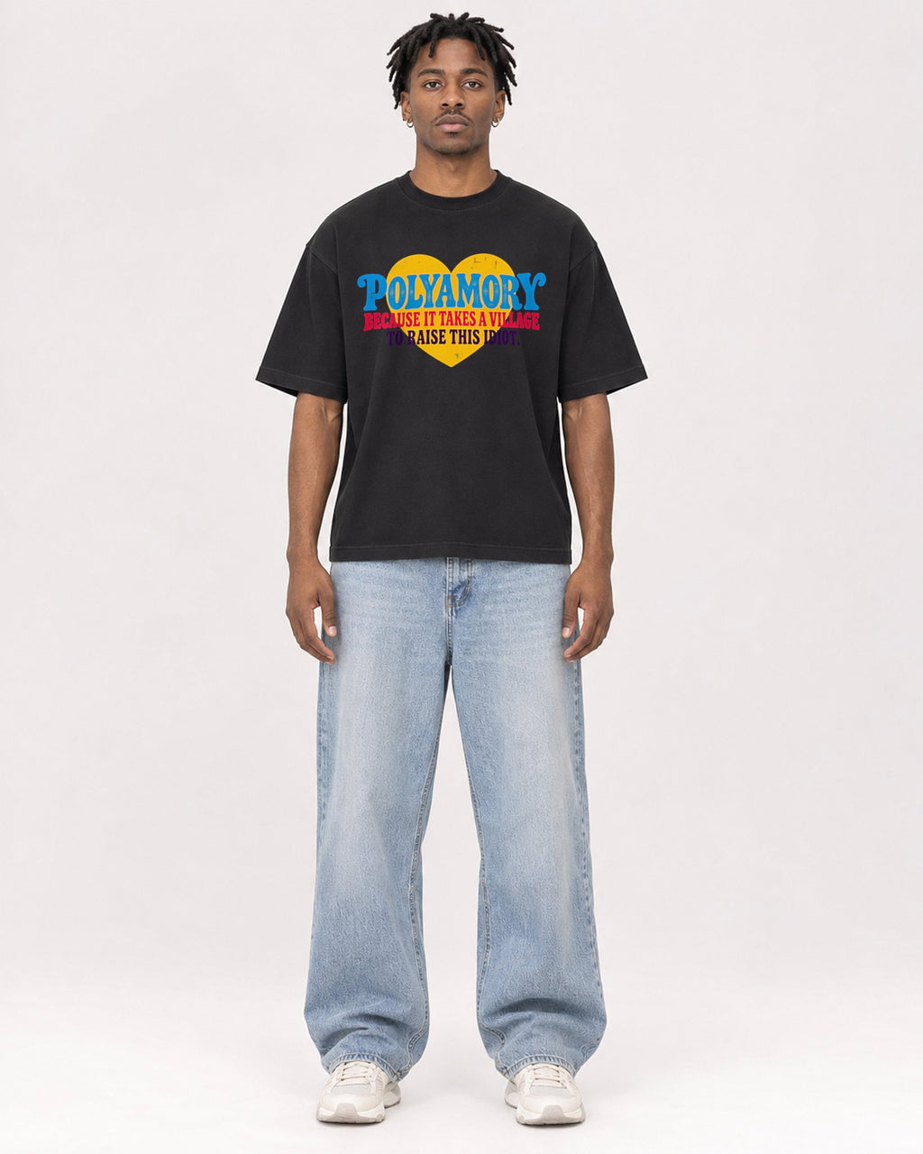 Mockup Boxy Heavyweight Tee Black male full-body 05