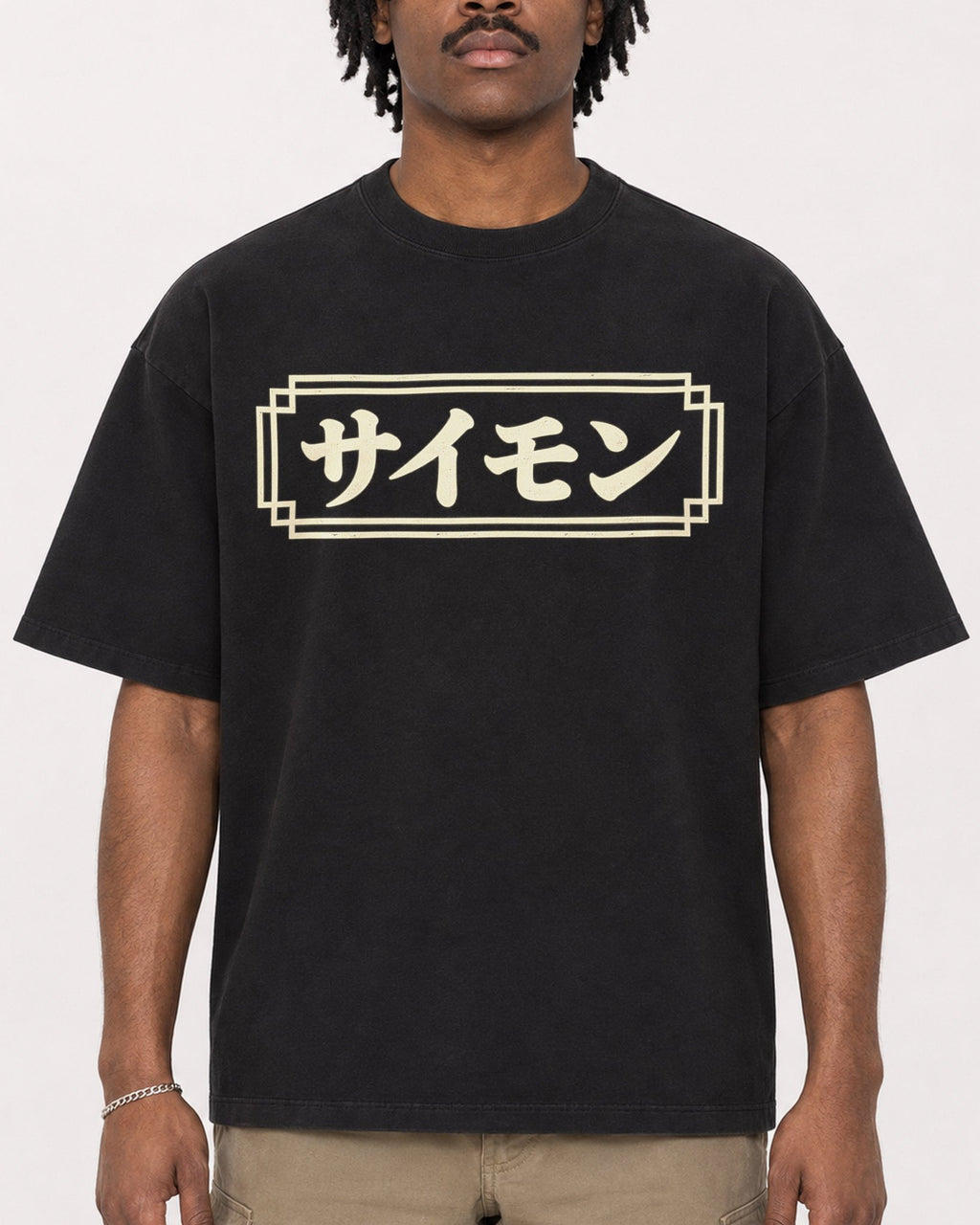 Mockup Boxy Heavyweight Tee Black male close-up 04