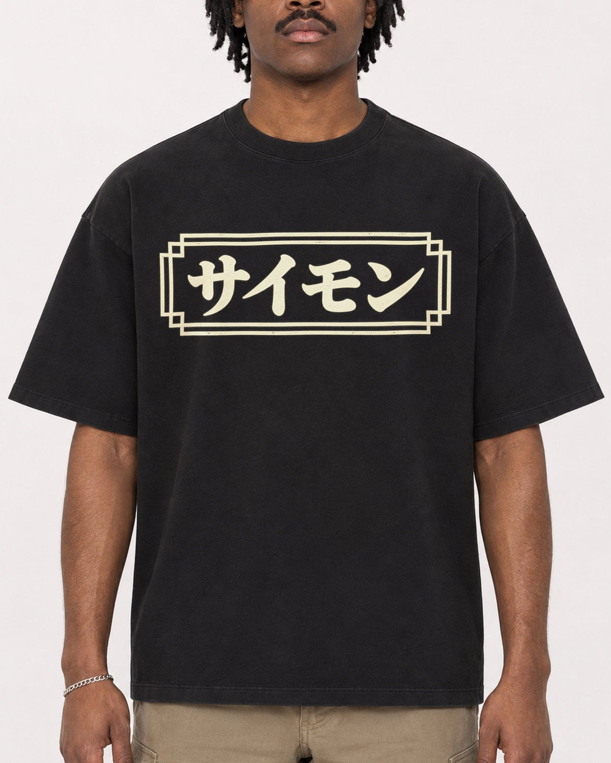 Mockup Boxy Heavyweight Tee Black male close-up 04