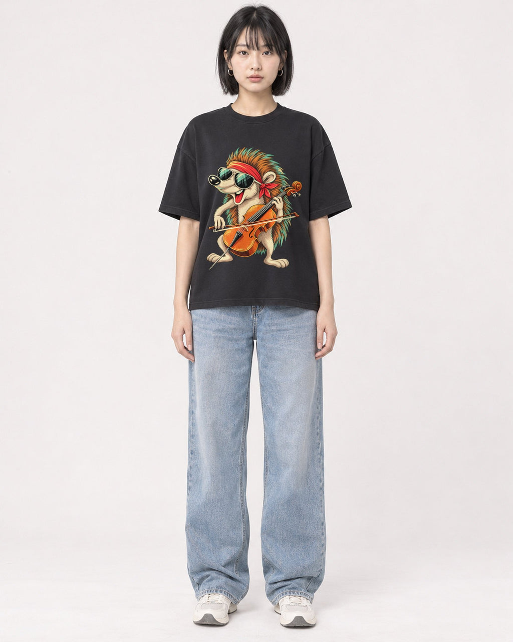 Mockup Boxy Heavyweight Tee Black female full-body 11