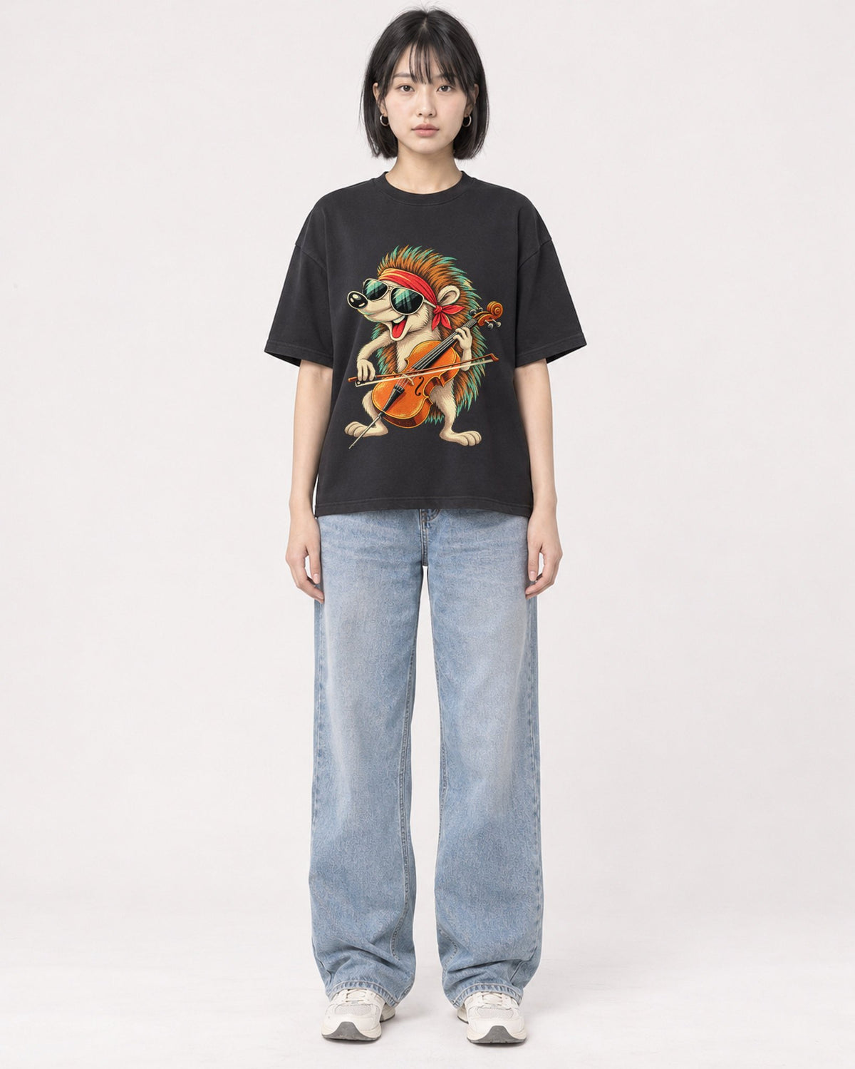 Mockup Boxy Heavyweight Tee Black female full-body 11