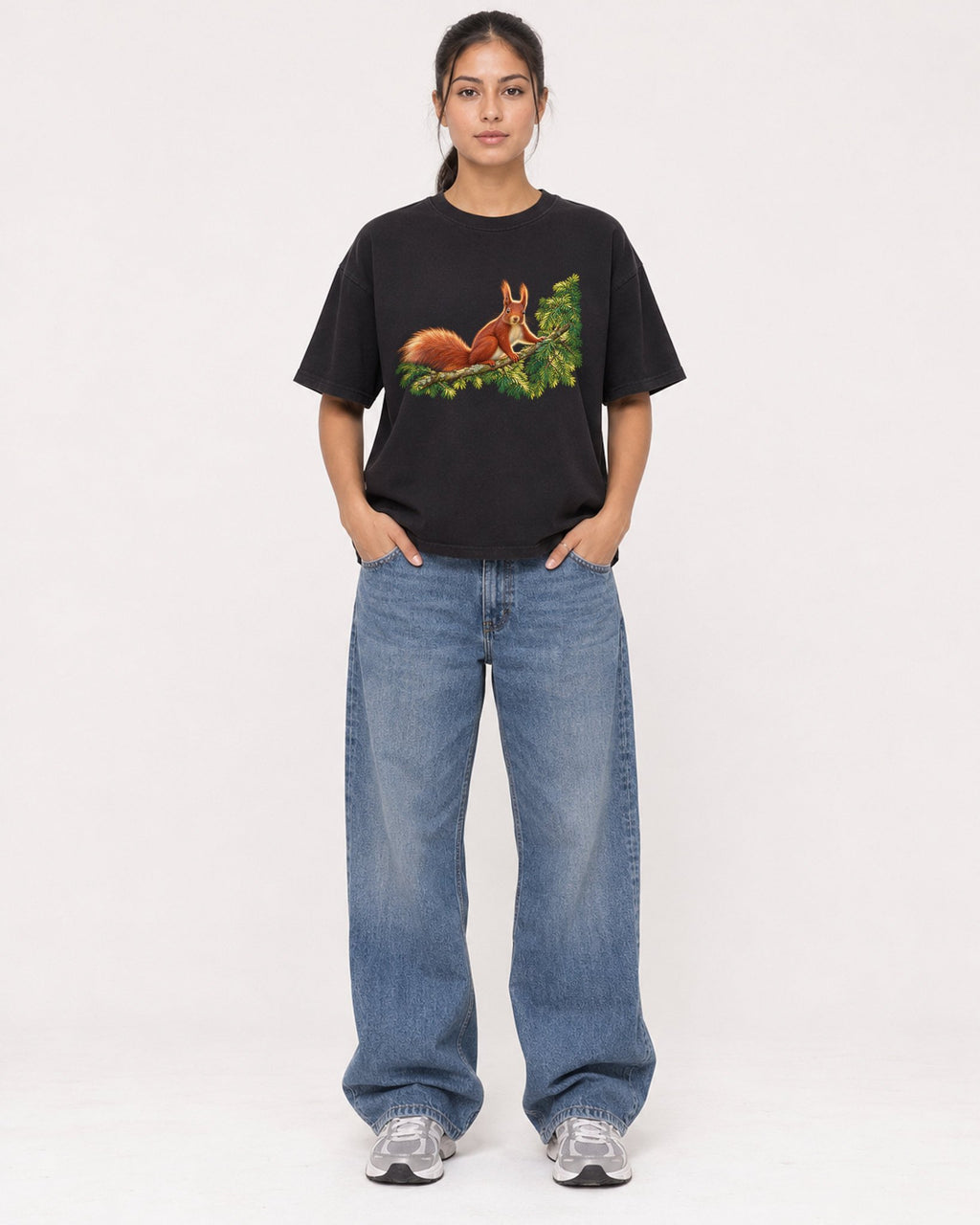 Mockup Boxy Heavyweight Tee Black female full-body 16