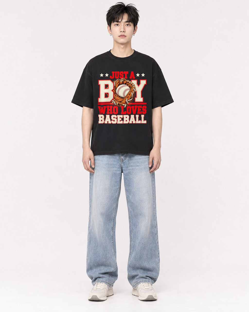 Mockup Boxy Heavyweight Tee Black male full-body 01