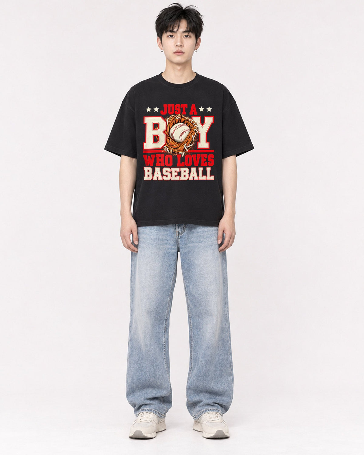 Mockup Boxy Heavyweight Tee Black male full-body 01