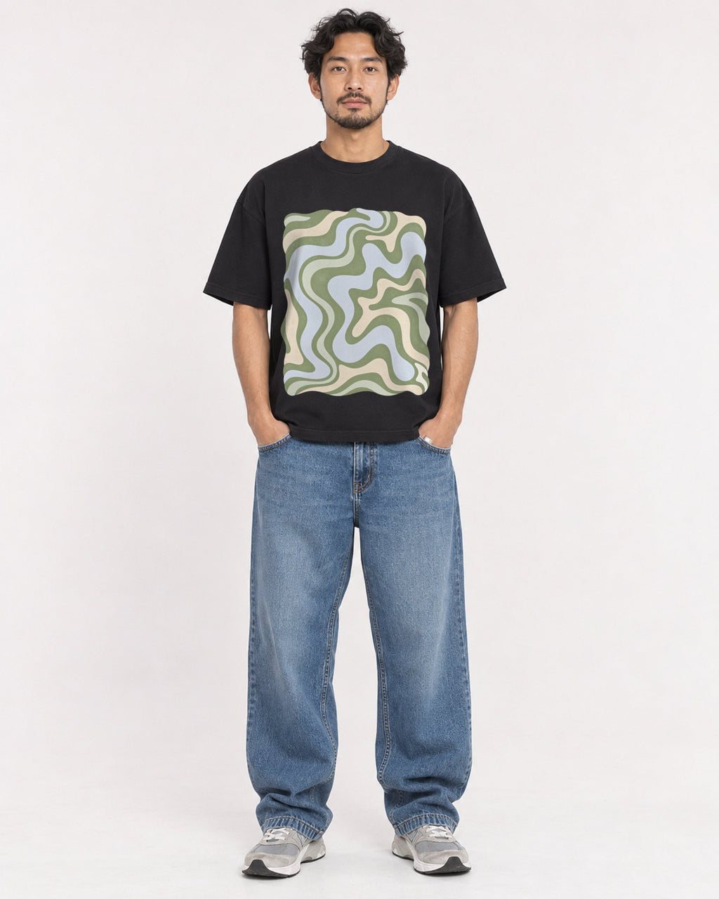 Mockup Boxy Heavyweight Tee Black male full-body 02