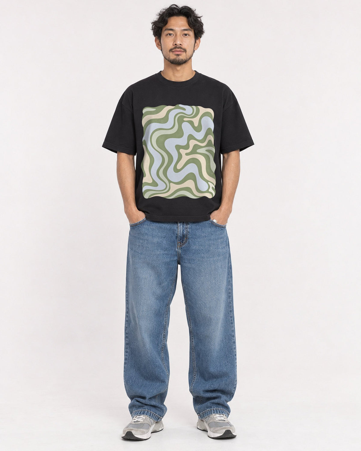 Mockup Boxy Heavyweight Tee Black male full-body 02