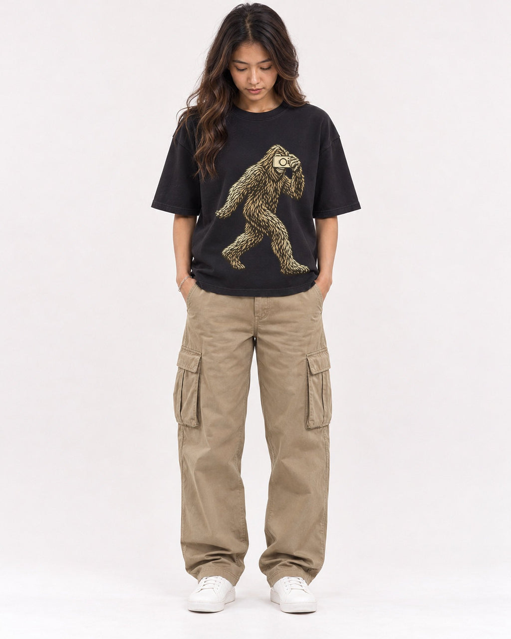 Mockup Boxy Heavyweight Tee Black female full-body 02