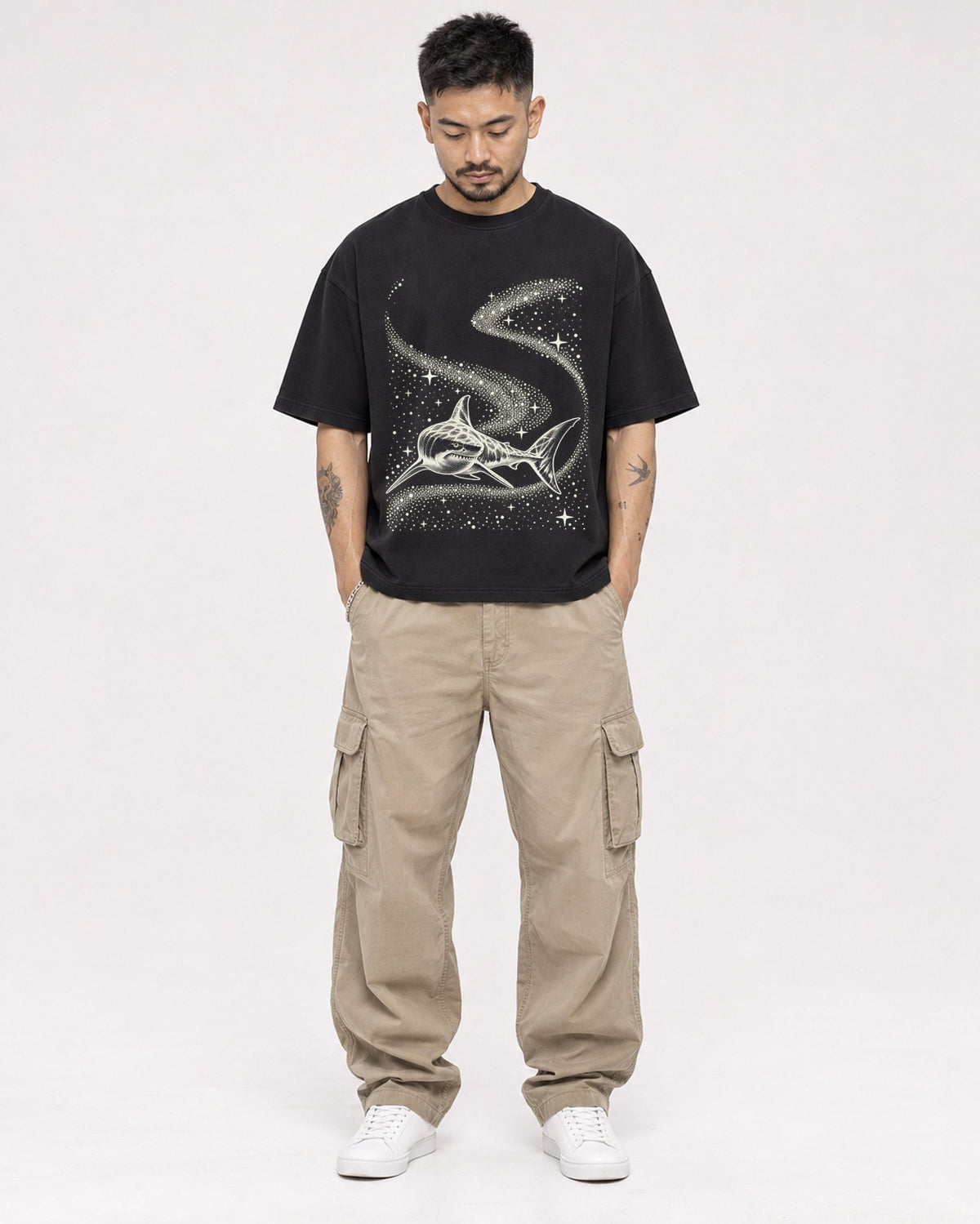 Mockup Boxy Heavyweight Tee Black male full-body 12